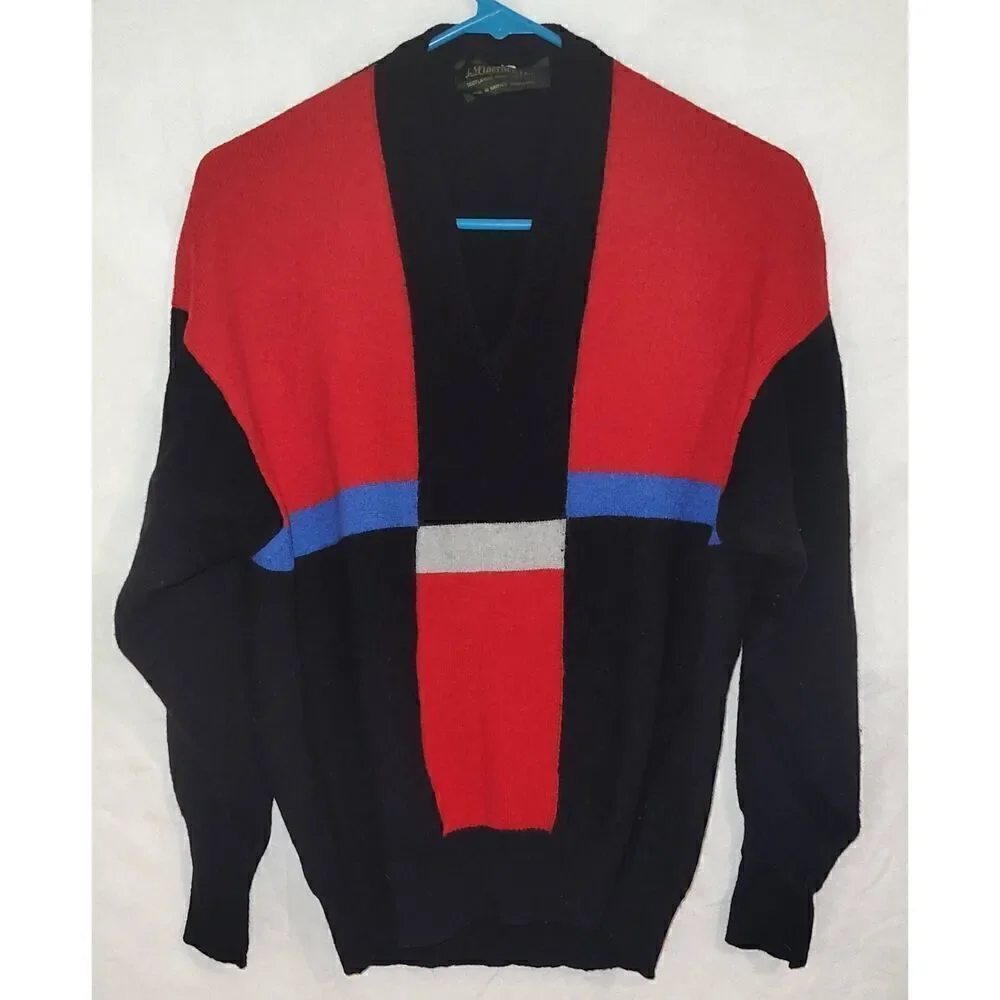 Vintage Wool Sweater J McInerney Ltd Scotland Gray Blue Red Black Color Block Sz